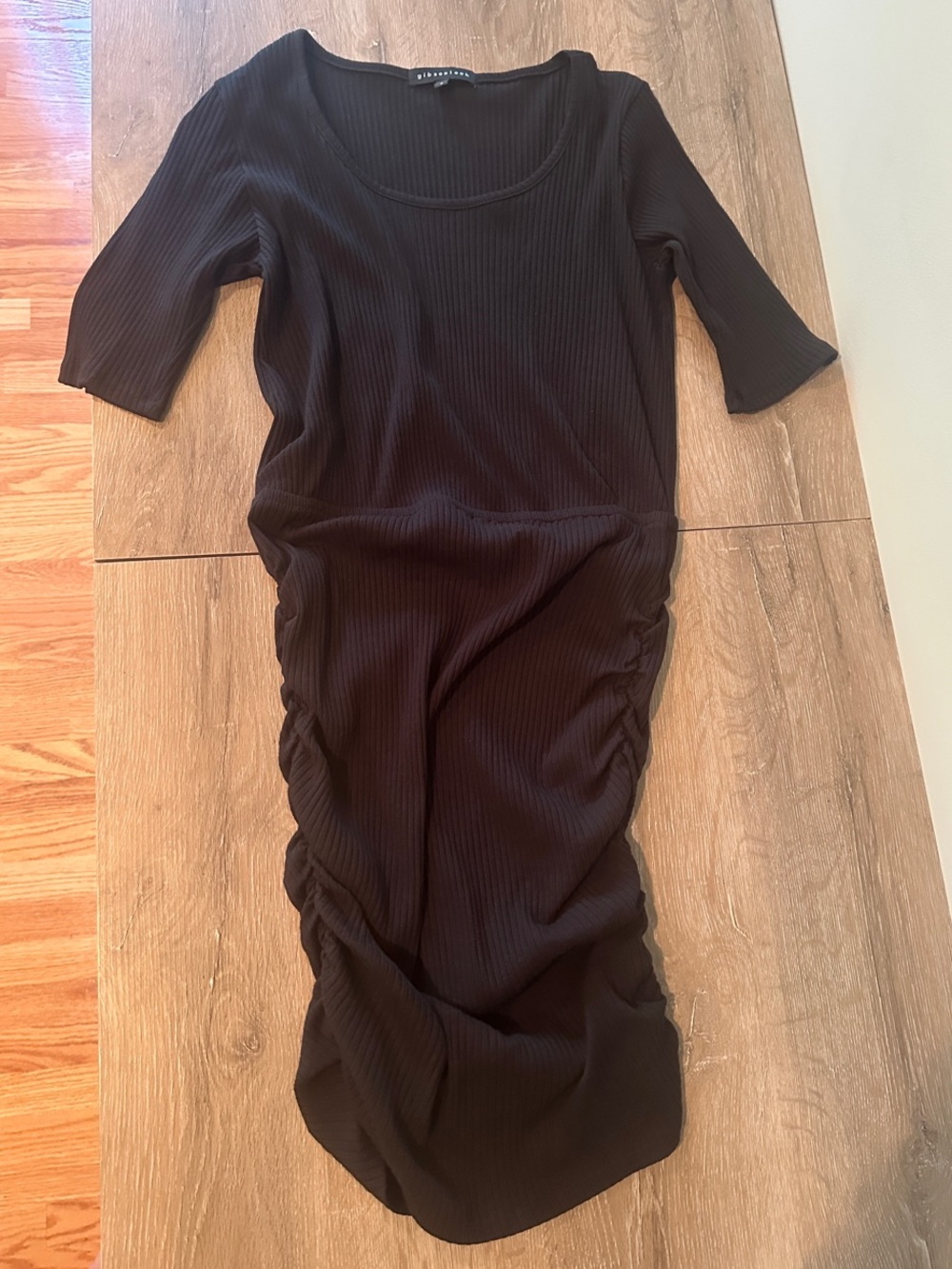 Black Ruched Rib-Knit Women's Dress